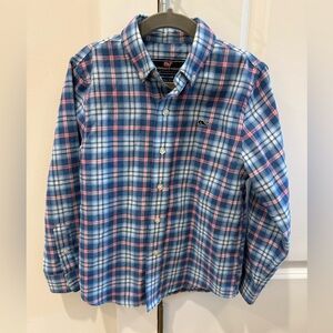 Boys Vineyard Vines Long Sleeve Button Up Plaid Shirt Whale Blue Pink Size 5 EUC